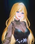  1girl artofkuzu black_background black_dress blonde_hair blue_eyes breasts cleavage dress earrings highres hololive hololive_english jewelry large_breasts long_hair long_sleeves looking_at_viewer mole mole_on_breast see-through see-through_dress see-through_sleeves tiara virtual_youtuber watson_amelia 