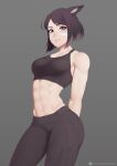  1girl abs animal_ears avatar_(ff14) bangs black_hair breasts cat_ears commission facial_mark final_fantasy final_fantasy_xiv grey_background highres leggings looking_at_viewer medium_breasts navel parted_bangs putcher short_hair smile solo sports_bra sportswear toned 