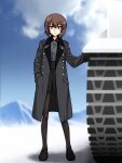  1girl bangs black_coat black_footwear black_legwear black_skirt blue_sky blurry blurry_background breath brown_eyes brown_hair closed_mouth cloud cloudy_sky coat commentary_request day depth_of_field dress_shirt full_body girls_und_panzer grey_shirt ground_vehicle hand_in_pocket highres kuromorimine_school_uniform loafers long_sleeves looking_at_viewer military military_vehicle miniskirt motor_vehicle mountainous_horizon nishizumi_maho oosaka_kanagawa open_clothes open_coat outdoors pantyhose partial_commentary pleated_skirt school_uniform shadow shirt shoes short_hair skirt sky smile solo standing tank trench_coat wing_collar winter_uniform 