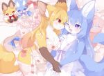  2girls animal_ear_fluff animal_ears asymmetrical_docking babydoll bed blonde_hair blue_eyes blue_hair blush bra breast_press breasts cleavage eye_contact face-to-face fang fox_ears fox_girl fox_tail furry furry_female garter_belt garter_straps highres holding_hands hoshimiii_mi long_hair looking_at_another lying multiple_girls on_back on_side one_eye_closed open_mouth original panties pillow pink_bra pink_legwear pink_panties purple_babydoll red_eyes smile stuffed_toy tail thighhighs thighs underwear underwear_only yuri 