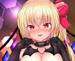  1girl black_gloves blonde_hair blush breasts close-up commentary_request elbow_gloves eyebrows_visible_through_hair fang flandre_scarlet gloves hair_between_eyes heart huge_breasts kurenai_(anohitop) lingerie long_hair looking_at_viewer multicolored_wings open_mouth red_eyes shiny shiny_hair side_ponytail solo touhou underwear wings 