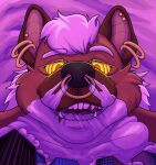  anthro bedroom_eyes blowing_smoke brown_body brown_fur cheek_tuft city cityscape ear_piercing ear_ring eyewear facial_piercing facial_tuft fangs fur futonmania gerrark glasses hair half-closed_eyes hi_res hyaenid hypnosis hypnotic_eyes looking_pleasured macro macro_focus male mammal mind_control narrowed_eyes nose_piercing nose_ring open_mouth open_smile piercing purple_background seductive simple_background smile smirk smoke smug smug_face smug_grin solo spotted_hyena tuft white_hair 