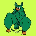  2022 anthro arm_support avian beak belly breasts casual_exposure casual_nudity female fur green_background green_body green_fur hands_behind_back hi_res high-angle_view lying mammal navel nipples non-mammal_breasts nude on_back one_eye_closed open_mouth pixelated simple_background solo spread_legs spreading tailless tuanyllej2 watermark 