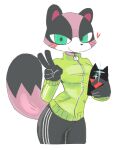  &lt;3 anthro black_body black_eyes black_fur black_nose black_pupils blue_eyes blush blush_stickers bottomwear brown_body brown_fur canid canine cartoon_network clothed clothing dipstick_tail female fluffy fluffy_tail fully_clothed fur gesture green_eyes happy holding_object hoodie looking_at_viewer mammal mao_mao:_heroes_of_pure_heart markings multicolored_body multicolored_fur pants pink_ears pupils raccoon_dog simple_background smile solo sparkles standing star tail_markings tanuki tanya_keys topwear tracksuit unknown_artist v_sign white_background white_body white_fur 