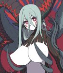  1girl absurdres black_horns bright_pupils closed_mouth covered_nipples eyebrows_visible_through_hair eyelashes facial_mark fate/grand_order fate_(series) flat_color green_hair hair_between_eyes highres horns light_green_hair long_eyelashes red_background red_eyes simple_background solo tiamat_(fate) upper_body white_pupils yutorin_kakka 