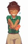  1girl amphibia anne_boonchuy belt brown_hair cellphone closed_eyes frog green_shirt grin highres holding holding_phone khakis light_blush older phone ponytail quiroring racket shirt simple_background smartphone smile solo t-shirt tennis_racket upper_body v 