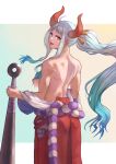  1girl ahoge aqua_hair back bangs breasts club_(weapon) commentary curled_horns earrings floating_hair green_hair hair_ornament hair_stick hakama highres holding holding_weapon horns japanese_clothes jewelry kanabou large_breasts lips long_hair looking_at_viewer looking_back multicolored_hair off_shoulder one_piece oni open_mouth orange_eyes parted_bangs ponytail red_horns rope shimenawa sideboob sidelocks smile solo topless user_cdxk3254 very_long_hair weapon white_hair yamato_(one_piece) 