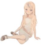  1girl arm_support bangs blonde_hair blush dress full_body grey_eyes highres long_hair looking_at_viewer mocha_(snowflake) original parted_lips sandals simple_background sitting solo swept_bangs white_background white_dress 