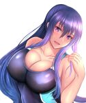  1girl :d akiyama_rinko blue_hair blue_swimsuit breasts cleavage collarbone competition_swimsuit highres kanna_(minamozuki) large_breasts long_hair looking_at_viewer one-piece_swimsuit ponytail purple_eyes smile solo sweat swimsuit taimanin_(series) taimanin_yukikaze two-tone_swimsuit upper_body white_background 