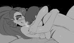  &lt;3 anthro bed black_background blush breasts breath duo eye_patch eyewear fangs female fish frisk_(undertale) furniture gills greyscale haaru hair head_between_breasts holding_partner human human_on_anthro interspecies larger_female male male/female male_on_anthro male_on_top mammal marine monochrome navel nude on_bed on_top ponytail simple_background size_difference smaller_male smile under_boob undertale undertale_(series) undyne video_games 