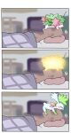 ... absurd_res ambiguous_gender bed blurred_background blush duo eyes_closed feral furniture hi_res human inside land_forme_shaymin legendary_pok&eacute;mon lying mammal nintendo on_back on_face pizzle pok&eacute;mon pok&eacute;mon_(species) shaymin size_difference sky_forme_shaymin sleeping smaller_feral sound_effects transformation video_games zzz 