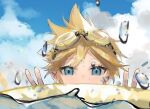 1boy aqua_eyes blonde_hair cloud commentary double_v goggles goggles_on_head highres kagamine_len looking_at_viewer male_focus mifes outdoors partially_submerged portrait solo spiked_hair v vocaloid water_drop wet_lens 