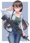 blush breasts brown_hair collarbone commentary_request denim eyebrows_visible_through_hair glasses green_eyes gun highres hk21 id_card jeans light_machine_gun long_hair long_sleeves looking_at_viewer medium_breasts open_clothes open_shirt original pants reflex_sight signature simple_background smile waruzamurai weapon 