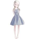  1girl absurdres arms_behind_back barefoot blue_dress blue_eyes blush dress expressionless full_body grey_hair highres long_hair looking_at_viewer mocha_(snowflake) original simple_background solo toes white_background 