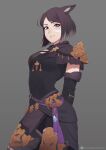  1girl abs animal_ears avatar_(ff14) bangs black_hair breasts cat_ears commission elbow_gloves facial_mark final_fantasy final_fantasy_xiv gloves grey_background highres looking_at_viewer medium_breasts parted_bangs putcher short_hair smile solo 