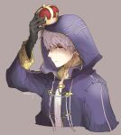  1boy bangs black_gloves closed_mouth coat cropped_torso crown fire_emblem fire_emblem_awakening frown gloves grey_background hair_between_eyes holding holding_crown hood hood_up hooded_coat male_focus mini_crown open_clothes open_coat purple_coat red_eyes robaco robin_(fire_emblem) robin_(fire_emblem)_(male) short_hair simple_background solo upper_body white_hair 