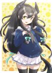  1girl adapted_costume black_hair black_legwear blue_sweater commentary_request fuji_(pixiv24804665) green_eyes grey_neckerchief hair_ribbon headgear highres i-47_(kancolle) kantai_collection long_hair looking_at_viewer low-tied_long_hair neckerchief pleated_skirt ribbon sailor_collar sidelocks skirt solo standing sweater thighhighs tress_ribbon white_sailor_collar white_skirt zettai_ryouiki 