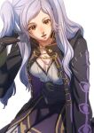  1girl aduti_momoyama belt breasts brown_eyes cleavage collarbone cowboy_shot fire_emblem fire_emblem_awakening grey_hair hair_tucking hand_in_own_hair highres long_hair long_sleeves looking_down medium_breasts pants robe robin_(fire_emblem) robin_(fire_emblem)_(female) shirt simple_background solo twintails white_background 