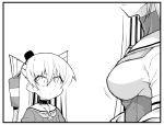  2girls amatsukaze_(kancolle) ataru_(ataru-littlebird) breast_envy breasts choker commentary_request dress fuyutsuki_(kancolle) greyscale hair_tubes hat kantai_collection lifebuoy_ornament long_hair medium_breasts mini_hat monochrome multiple_girls sailor_collar sailor_dress smokestack_hair_ornament two_side_up upper_body 