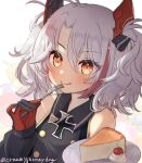  1girl azur_lane bangs bare_shoulders black_ribbon buttons cheesecake commentary_request cross detached_sleeves double-breasted eyebrows_visible_through_hair food fork gloves grey_hair hair_ribbon headgear holding holding_fork iron_cross licking_lips little_prinz_eugen_(azur_lane) looking_at_viewer medium_hair multicolored_hair orange_eyes parted_bangs prinz_eugen_(azur_lane) red_hair ribbon shindoi_akio short_twintails solo streaked_hair tongue tongue_out twintails twitter_username younger 