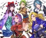  5girls armor asymmetrical_gloves belt black_gloves blonde_hair blue_eyes blue_hair blue_hakama boots bow braid brown_eyes brown_footwear brown_gloves brown_hair cape character_name copyright_name dress fingerless_gloves fire_emblem fire_emblem:_radiant_dawn fire_emblem:_the_binding_blade fire_emblem:_the_blazing_blade fire_emblem_fates floral_print gauntlets gloves gwendolyn_(fire_emblem) hair_bow hair_over_one_eye hakama hakama_skirt headband heart heather_(fire_emblem) japanese_clothes kimono leather leather_boots long_hair looking_at_viewer meiji_schoolgirl_uniform minamoto_mamori multiple_girls open_mouth pants pink_eyes pink_hair pinwheel purple_kimono rebecca_(fire_emblem) red_bow setsuna_(fire_emblem) shirt short_dress short_hair shoulder_armor skirt sleeveless sleeveless_shirt tokyo_mirage_sessions_fe tsuko_(25mnts) twin_braids white_background 