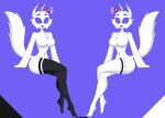  absurd_res anthro app black_clothing black_legwear blue_background blue_eyes breasts canid canine clothing clyde_(discord) discord_(app) duo female fox hi_res humanoid legwear mammal samrunner simple_background thick_thighs thigh_highs white_body white_clothing white_legwear white_skin 