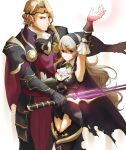  1boy 1girl arm_up armor armored_leotard armpits ascot bangs black_cape black_hairband black_legwear black_leotard blonde_hair breasts cape circlet cleavage closed_mouth corrin_(fire_emblem) corrin_(fire_emblem)_(female) curly_hair eyebrows_visible_through_hair faulds fire_emblem fire_emblem_fates grey_hair hair_between_eyes hairband holding holding_sword holding_weapon leotard long_hair medium_breasts red_cape red_eyes robaco short_hair shoulder_armor standing sword torn_cape torn_clothes very_long_hair weapon white_ascot white_background xander_(fire_emblem) 