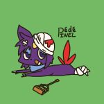  ambiguous_gender band-aid bandage bandaged_head bandaged_leg blood blue_scarf bodily_fluids clothed clothing colored crutch d&eacute;d&eacute;pinel dot_nose feathers flat_colors forehead_gem fur hi_res medical_instrument monochrome_fur mouthless nintendo no_shading partially_clothed pok&eacute;mon pok&eacute;mon_(species) purple_body purple_fur red_blood red_body red_feathers scarf scientific_instrument semi-anthro simple_background simple_coloring sneasel solo video_games wounded 