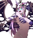  1girl aqua_eyes aqua_gemstone armor bare_shoulders clawed_gauntlets crown dragon_girl dragon_poker dragon_wings facial_mark gauntlets gem grey_background hair_between_eyes heart helmet highres light_purple_hair long_hair navel open_mouth ribs sharp_teeth simple_background skeletal_wings skindentation skull slit_pupils solo striped teeth tongue torn torn_clothes torn_wings wings yutorin_kakka 