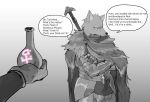  absurd_res anthro armor blaidd_(elden_ring) buta99 canid canine canis cloak clothing dialogue elden_ring fromsoftware gender_symbol hi_res male mammal melee_weapon potion solo sword symbol teeth underbite unseen_character video_games weapon wolf 