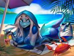  2022 5_fingers anthro arthropod artist_name batoid beach beach_towel beach_umbrella beverage big_breasts bikini bikini_top blue_eyes blue_hair breasts clothing crab crustacean decapoda detailed_background female fingers fish glass hair hi_res ice_cube isla_(airheart) lemon_slice long_hair lying malacostracan marine multicolored_hair nails nude on_front open_mouth patreon sand seaside sharp_nails smile solo stingray straw swimwear text towel two_tone_hair url water white_hair yurai 