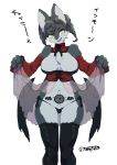 2018 5_fingers anthro armwear bare_shoulders biped black_body black_clothing black_ears black_eyebrows black_fur black_hair black_legwear black_nose black_panties black_thigh_highs black_underwear black_wings braided_hair braided_pigtails breasts butt_from_the_front canid canine chest_tuft cleavage clothed clothing clothing_lift countershade_face countershade_legs countershade_torso countershading detached_sleeves digital_media_(artwork) eyebrows female fingers fur green_eyes green_pupils grey_body grey_countershading grey_fur grey_inner_ear hair japanese_text kemono legwear long_sleeves mammal medium_breasts medium_hair monotone_body monotone_clothing monotone_ears monotone_eyebrows monotone_eyes monotone_fur monotone_hair monotone_inner_ear monotone_legwear monotone_nose monotone_panties monotone_thigh_highs monotone_tongue monotone_underwear multicolored_body multicolored_fur navel panties pink_tongue pubic_tattoo pupils simple_background smile solo standing tattoo teteteko text thigh_highs tongue translucent translucent_clothing tuft two_tone_body two_tone_fur underwear white_background wings 