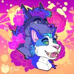  absurd_res anthro canid canine canis domestic_cat duo felid feline felis flower hair hi_res inner_ear_fluff male male/male mammal mane mattiyyah_lion open_mouth pattern_background plant rose_(flower) simple_background smile tongue tongue_out tuft wolf 
