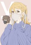  1boy 1girl blonde_hair braid brown_eyes brown_hair highres kobayashi_chizuru long_hair looking_at_viewer mask mori_yuki mouth_mask nail_polish simple_background sweater uchuu_senkan_yamato uchuu_senkan_yamato_2199 yamamoto_akira 