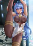  1girl ahoge alexander_dinh bell blue_hair blurry blurry_background blush bodystocking breasts cowbell ganyu_(genshin_impact) genshin_impact goat_horns hair_between_eyes highres horns large_breasts leg_up leotard looking_at_viewer navel nipples open_mouth ponytail see-through solo split standing standing_on_one_leg standing_split sweat web_address 
