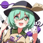  1girl :d ambasa bangs black_headwear blouse blush bright_pupils buttons commentary_request corded_phone diamond_button eyeball eyebrows_visible_through_hair frilled_shirt_collar frilled_sleeves frills furrowed_brow green_eyes green_hair hair_between_eyes hat hat_ribbon heart heart_in_eye heart_in_mouth heart_of_string holding holding_knife holding_phone knife koishi_day komeiji_koishi long_sleeves looking_at_viewer medium_hair open_mouth phone ribbon shirt simple_background smile solo symbol_in_eye teeth third_eye touhou upper_body upper_teeth wavy_hair white_background wide_sleeves yellow_ribbon yellow_shirt 