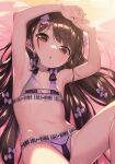  1girl :o absurdres armpits arms_up bikini black_hair blush bow brown_eyes flat_chest hair_bow hair_ornament hairclip henreader highres kyou_kara_ore_wa_loli_no_himo! long_hair lying multiple_hair_bows navel nijou_touka non-web_source on_back open_mouth own_hands_together purple_bikini purple_bow solo swimsuit wet 