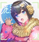  1girl :o animal_print bangs chinese_zodiac coat dated earmuffs long_sleeves medium_hair nail_polish nengajou new_year original paw_pose print_scarf scarf tiger_hair_ornament tiger_print upper_body xvvstring year_of_the_tiger 