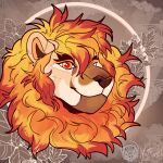  absurd_res anthro biped digital_media_(artwork) felid fire flaming_hair flaming_mane fur hair hi_res hybrid lion looking_at_viewer male mammal mane mattiyyah_lion pantherine pattern_background plant portrait pseudo_hair pseudo_mane simple_background smile solo 