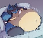  absurd_res ambiguous_gender anthro belly big_belly blush fairyrolls furniture hand_on_stomach hi_res lucario morbidly_obese morbidly_obese_ambiguous morbidly_obese_anthro nintendo obese obese_ambiguous obese_anthro overweight overweight_ambiguous overweight_anthro pok&eacute;mon pok&eacute;mon_(species) sitting sofa solo sound_effects video_games 