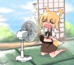  1girl animal_ear_fluff animal_ears bangs barefoot belt black_belt black_bow black_bowtie blonde_hair blue_sky blush bow bowtie brown_shirt brown_skirt center_frills closed_eyes clothes_lift cloud collared_shirt commentary_request cookie_(touhou) day electric_fan eyebrows_visible_through_hair fang fox_ears fox_girl fox_tail frills full_body hair_between_eyes hot indoors kneeling lifted_by_self miramikaru_riran open_mouth shimosuke shirt shirt_lift short_hair shouji skirt sky sliding_doors solo tail translation_request white_shirt 