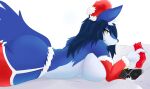  aleak_r alloy_(character) anthro bed big_breasts big_butt blue_body blue_fur blush breasts butt canid canine christmas christmas_clothing christmas_headwear clothed clothing condom costume dark_blue_hair digital_drawing_(artwork) digital_media_(artwork) female first_person_view fluffy fox fur furniture glistening glistening_body graphics_card hair hat headgear headwear hi_res holidays huge_breasts huge_butt looking_at_viewer lying mammal on_front partially_clothed rtx_3090 santa_costume santa_hat sexual_barrier_device shaded side_boob signature simple_background smile solo text thick_thighs tight_clothing white_body white_fur yellow_eyes 