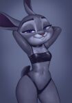  2022 anthro breasts clothed clothing disney female fur grey_body grey_fur gris_swimsuit hands_behind_head hi_res judy_hopps kodigozoot lagomorph leporid looking_at_viewer mammal meme meme_clothing narrowed_eyes navel one-piece_swimsuit pinup portrait pose purple_eyes qupostuv35 rabbit smile solo squint swimwear three-quarter_portrait translucent translucent_clothing translucent_swimwear zootopia 