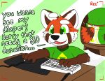  2021 ailurid anthro clothing computer_keyboard dialogue diaper english_text fur hi_res male mammal mouse_(object) open_mouth red_panda shadyadi1 shirt simple_background sitting solo text topwear 