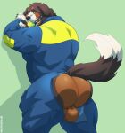  2022 absurd_res anthro backsack ball_gag balls barazoku bedroom_eyes big_balls big_butt big_muscles butt canid canine canis claws clothed clothing domestic_dog fur gag gagged genitals green_background hi_res huge_balls huge_butt huge_muscles jumpsuit looking_at_viewer male mammal muscular muscular_anthro muscular_male narrowed_eyes presenting presenting_hindquarters seductive shadow simple_background solo standing thick_thighs tuft tylerstark 