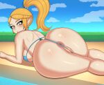  2022 anus big_breasts big_butt blonde_hair blush bodily_fluids breasts butt drunkavocado female genitals green_eyes hair hi_res huge_butt humanoid hylian looking_at_viewer looking_back nintendo princess_zelda pussy solo sweat the_legend_of_zelda video_games 