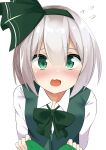  1girl 9150namihana absurdres bangs blunt_bangs blush bow bowtie breasts collared_shirt commentary_request green_bow green_bowtie green_eyes green_hairband green_vest grey_hair hair_between_eyes hairband highres konpaku_youmu looking_at_viewer nose_blush open_mouth shiny shiny_hair shirt simple_background small_breasts solo touhou upper_body vest white_background white_shirt 