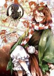  1girl animal_ears bangs brown_eyes brown_hair checkered_clothes checkered_scarf closed_mouth futatsuiwa_mamizou green_kimono holding holding_smoking_pipe japanese_clothes kimono kiseru leaf leaf_on_head long_sleeves looking_at_viewer raccoon_ears raccoon_girl raccoon_tail scarf smile smoking_pipe solo tail touhou yurutintin 