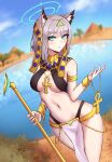  1girl absurdres animal_ear_fluff animal_ears ankh armlet blue_archive blue_eyes blue_sky bracelet breasts desert earrings egypt egyptian egyptian_clothes gold grey_hair groin halo highres hip_vent holding holding_staff hoop_earrings jewelry lake medium_breasts midriff mismatched_pupils navel pyramid shiroko_(blue_archive) short_hair sky staff usekh_collar user_evmh2537 wolf_ears wolf_girl 