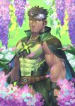  1boy bara belt black_gloves black_hair brown_belt cape chest_harness collared_cape covered_abs covered_nipples dark-skinned_male dark_skin day eyebrow_cut facial_hair flower gloves green_cape harness highres large_pectorals lilac_(live_a_hero) live_a_hero male_focus multicolored_hair muscular muscular_male outdoors pectorals purple_flower purple_hair short_hair solo stubble weedwolfeatmeat white_hair 